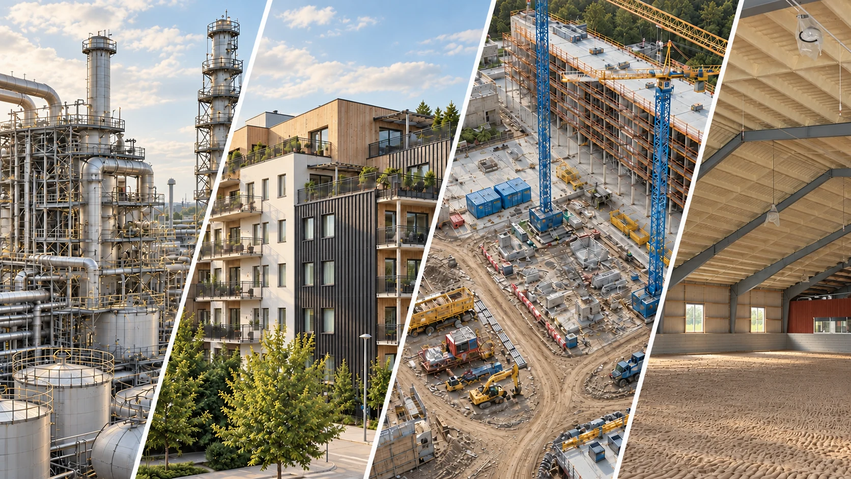 Bildmontage med industri, bostäder, byggentreprenad och en större hall